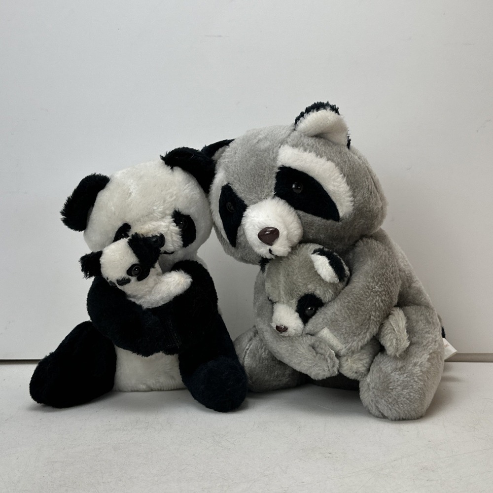 Vintage Plush Raccoon Panda Mother Holding Baby Conesco-Chase Stuffed Animal Lot